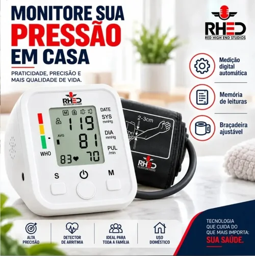 Medidor digital de pressão arterial RHED e braçadeira, conforme foto do anúncio